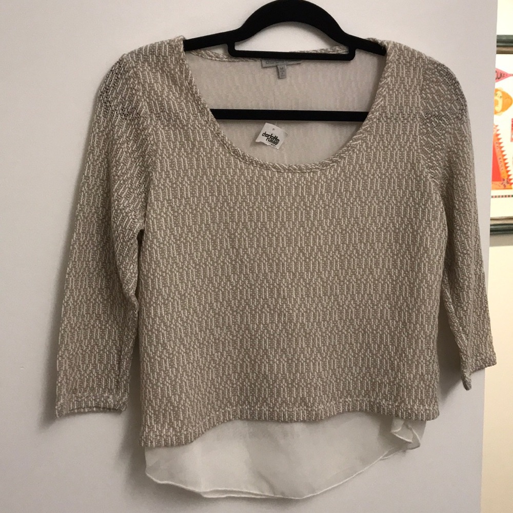 Tan and white sweater with white sheer underlay